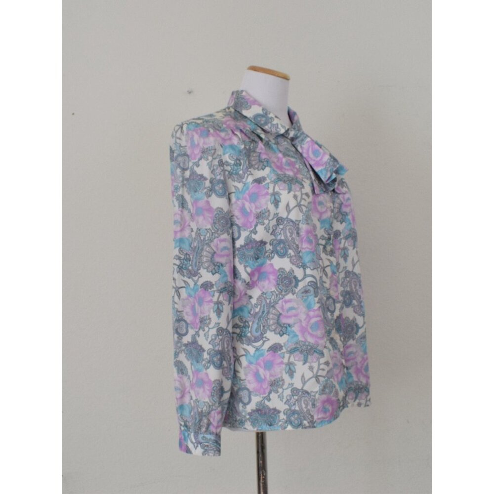 Vintage 70s Floral‎ Paisley Pastel Secretary Blouse / Detachable Bow - Picture 10 of 10